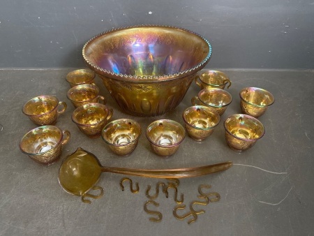 Amber Carnival Glass Punch Bowl with 12 Cups + Ladle