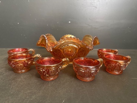 Large Amber Carnival Glass Bowl with 6 Cups