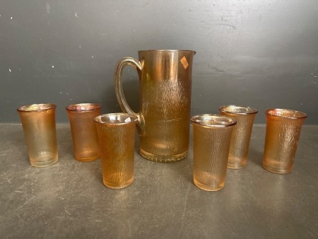 Amber Carnival Glass Water Jug with 6 Cups