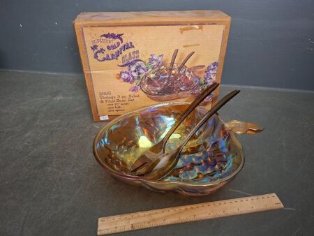 Iridescent Gold Carnival Glass Vintage 3 Piece Set - Incs Bowl, fork, spoon - in original box