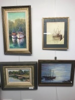 Collection of 4 Boating Paintings. 3 Oils, 1 WaterColour. 2 Oils by Jenny Dawes