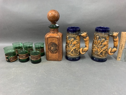 Pair of Beer Steins, Leather Covered Decanter & Glasses