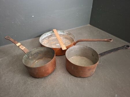 2 Antique French Copper Saucepans and 1 Antique French Copper Fry Pan