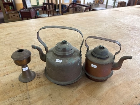2 Vintage Copper Teapot - Brass Candle Holder