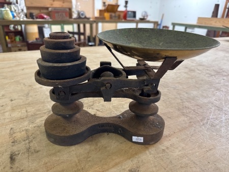 Victor Cast Iron Balance Scale with Weights - Possibly Brass Bowl - England