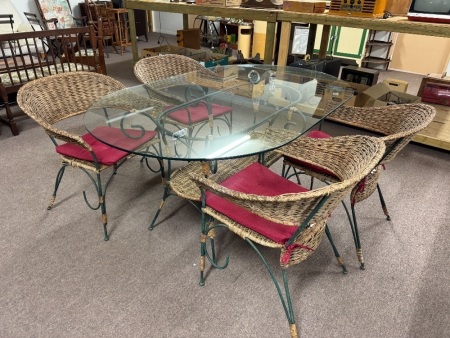 Glass Topped Metal & Cane Outdoor Table w. 4 Chairs