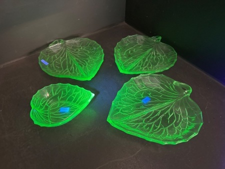 3 Uranium Glass Leaf Plates & 1 Uranium Glass Leaf Dish