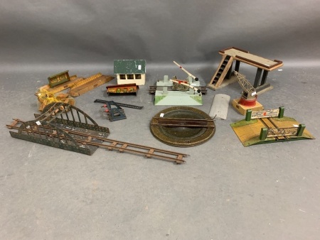 Collection of Vintage Hornby Meccano Tin Railway Accessories inc. Bridge, Crane, Turntable, Level Crossing Etc