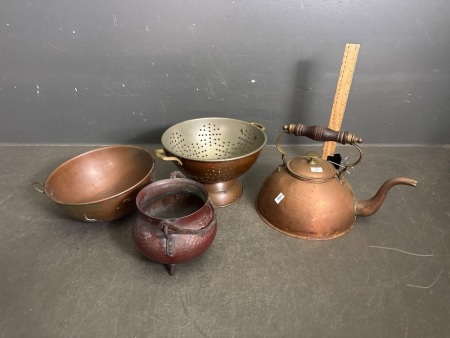 4 Copper ware Pieces - Incs Strainer - Bowl - Teapot