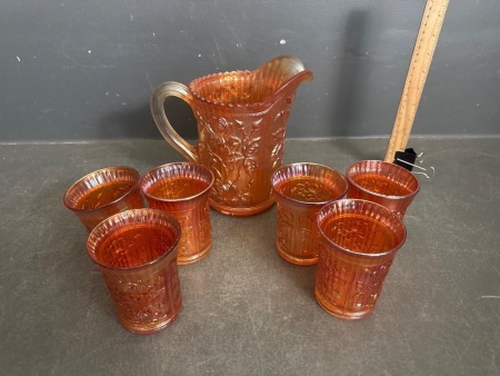 Amber Carnival Glass Jug with 6 Cups