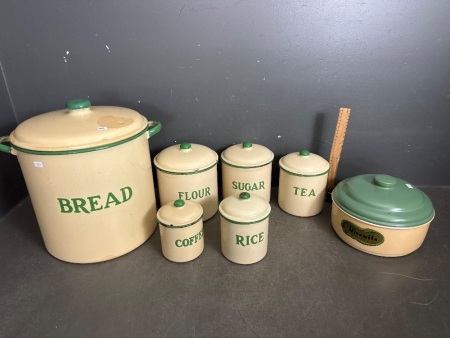 Set of 6 Vintage Enamel Kitchen Canisters
