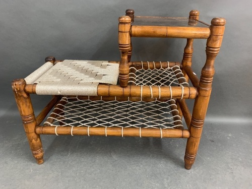 Mid Century Timber Telephone Table with Woven Seat & Smoke Glass Table