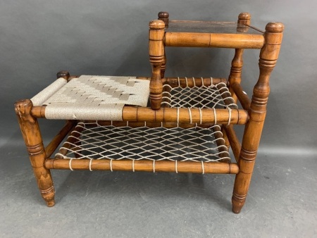 Mid Century Timber Telephone Table with Woven Seat & Smoke Glass Table