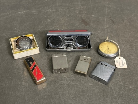 Vintage Sport Glass 2.5x (Japan) - Working Titus Swiss Watch - Cyma Pocket Watch - 4 Vintage Lighters