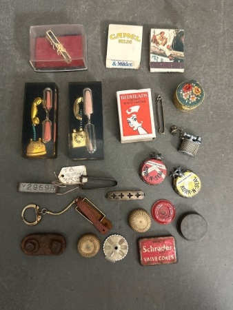 Assortment of Vintage Pins, Buttons and Tins