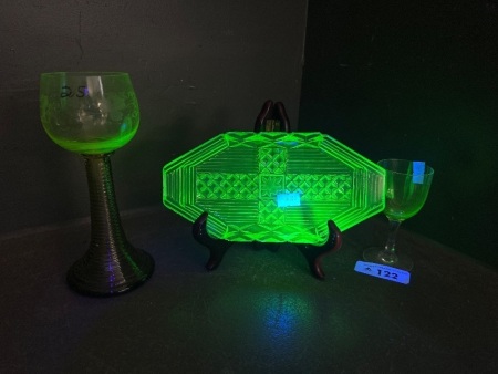 Uranium Glass Art Deco Glass with Uranium Glass Liqueur Glass and Uranium Glass Dish