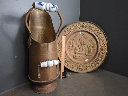 Possibly Brass/Copper Wall Plate & Brass Coal Scuttle