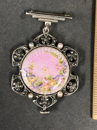 Beautiful Edwardian Sterling Silver, Guilloche Enamel, Marcasite & Natural Pearl Ladies Fob Watch - Restored & Working