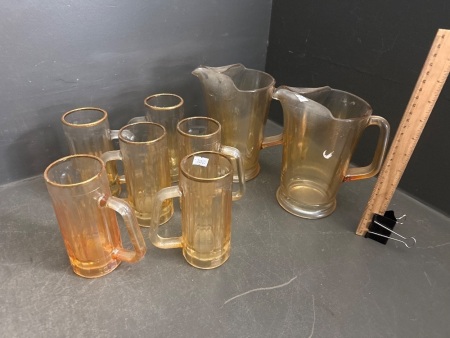 2 Peach Glass Water Jugs with 6 Cups