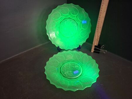 2 x Uranium Glass Plates Featuring Embossed Rose and Leaf Pattern