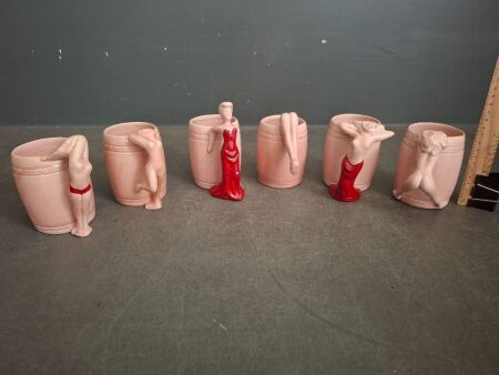 6 Dorothy Kindell Pottery Mugs - All marked RDA 30559