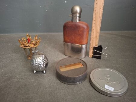 Pierre Cardin Lighter, Golf Ball Lighter, Glenkinchie Glass Hip Flask Leather Bound & 1960s Toledo Spanish Cocktail Swords