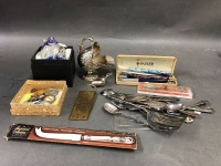 Asstd Box Lot inc. Pens, Enamel Pins, Spoons, Paperweight Etc