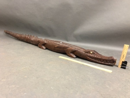 Large Vintage Carved PNG Crocodile with Cowrie Shell Eyes