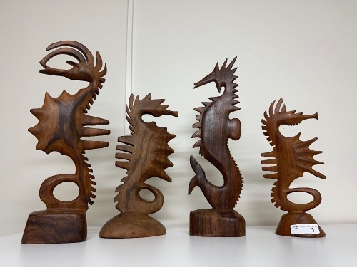 4 Wooden Sea Horse Sculptures