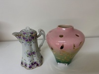 Hand-painted Floral Teapot + Flower Frog Vase - 4