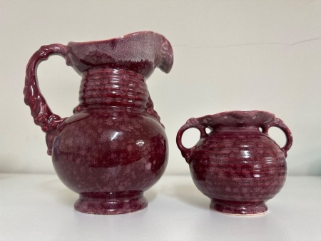 Vintage Burgundy Glazed Pitcher and Vase - Made in Czechoslovakia