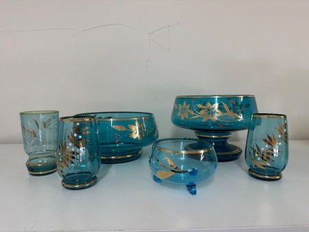 Retro Blue Glass Cups and Bowls