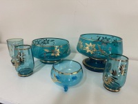 Retro Blue Glass Cups and Bowls - 2