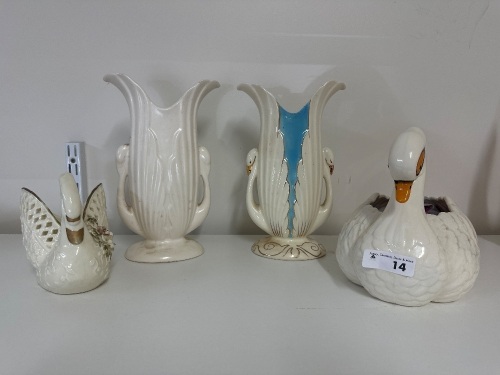 4 Mid Century White Swan Pieces - Incs 2 Vases & 2 Planters