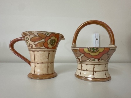 Bursley Ware Ceramic Jug and Basket - Charlotte Rhead - England