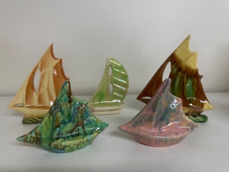 5 Various Sized Glazed Ceramic Sail Boats