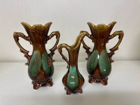 3 Blue and Brown Glazed Vases