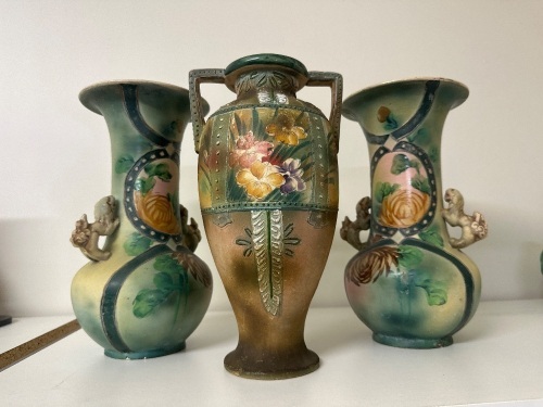 3 Large Antique Hand-painted Floral Vases