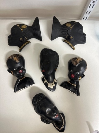 Lot of African Chalkware Heads Wall Plaque