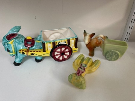 2 Colourful Donkey Pulling Wagon Planters and Cactus Wall Vase
