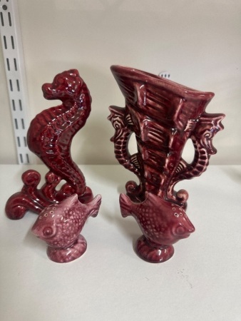 Ceramic Burgundy Decorator Items - Incs Dayel Ware Seahorse Vase - Fish Salt & Pepper Shakers & Seahorse Figurine