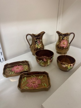 Vintage Petite Wade Hand-painted Floral and Golden Set - Incs 2 Creamers - 2 Sugar Bowls - 2 Dishes