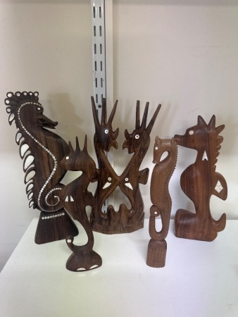 5 Wooden Sea Horse Sculptures