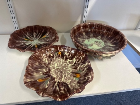 3 Vintage German Pottery Drip Glazed Serving Bowls