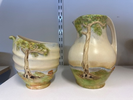 Ducal Ware Pottery Gum Tree in Relief Vase and Jug - Made in England