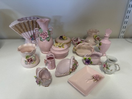 Collection of Pink and Floral Decorative Ceramic Items