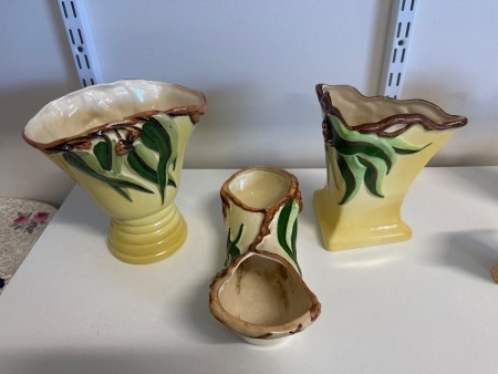 Diana Ware Gum Leafs and Nuts Yellow Ceramic Graduated Vases and Trough Vase