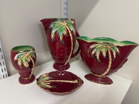 Beswick Ware Palm Tree and Maroon Decorator Items - Incs 2 Vase - Jug - Dish