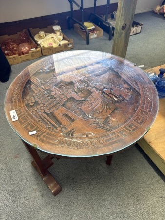 Chinese Collapsible Carved Wooden Table with Glass Top