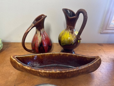 2 Brown Drip Glazed Pitchers + 1 Trough Vase